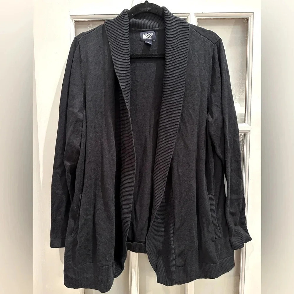 Lands’ End Dark Navy Heavyweight Open Front Cardigan Size XL 18 Cotton Blend